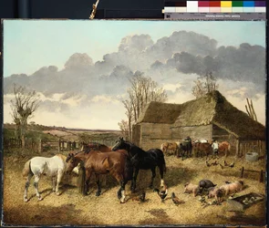 Horses eating from a manger, with pigs and chickens in a farmyard