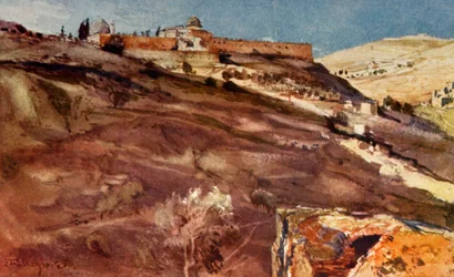 South Wall of the Temple Area, Jerusalem, from the Valley of Hinnom, at Sunset