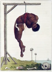 A black person hung alive by the Ribs to a Gallows, pub. 1796