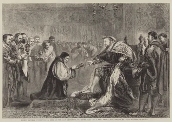 Bishop Latimer presenting a Copy of the New Testament to Henry VIII as a New Year