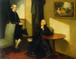 Double Portrait of the Reverend John Cocks and James Cocks, Both Small Full-Length, the Former in Clerical Dress Seated on a Blue and White Upholstered Chair, the Latter in a Blue Coat and Waistcoat Leaning Against a Similar Chair, in an Interior