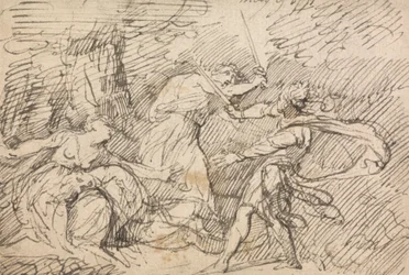 Two Men Fighting Before a Woman