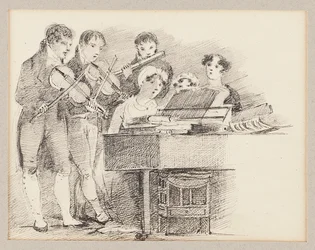 Pianist accompanied by fiddlers and a flautist