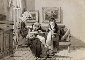 Social Interior at Brathay Hall, depicting Jessy Harden, Rev. Owen Lloyd and H. Almack