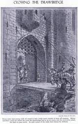 Crossing the drawbridge. Every town has strong walls and a moat, a drawbridge and a portcullis for defence, c.1950