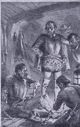 Santiago sent ahead to explore, ran ashore and was wrecked, Newnes Pictorial Knowledge published by Newnes, c.1950