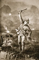 Sergeant Somers holding back the enemy by bombing them when a barricade was being raised