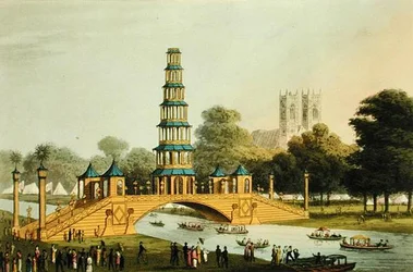 The Chinese Bridge and Pagoda, Erected in the Park in commemoration of the Glorious Peace of 1814, engraved by Matthew Dubourg