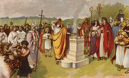 Constantine the Great offering a sacrifice as the first Christians arrive, York, 306