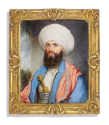 James Silk Buckingham in White Shirt with a Light Blue Coat, Pink Embroidered Shawl Around His Shoulders and a White Turban with a Dagger Secured in to His Cummerbund, Landscape Background with a Mosque