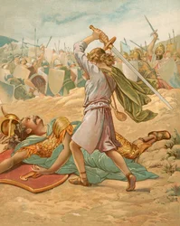 David about to slay Goliath