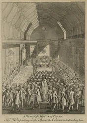 A View of the House of Peers with the King Sitting on the Throne, the Commons Attending Him