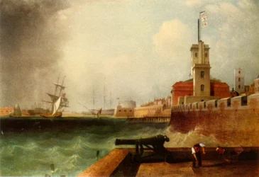 High tide below the Battery, Portsmouth Harbour, 1846