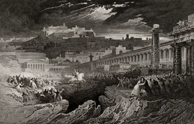 Marcus Curtius Riding into the Chasm, engraved by H. Le Keux
