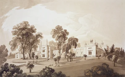 View of the Farm House with Screen to Stables and Farm buildings to Sezincote House, engraved by Frederick Christian Lewis Snr.