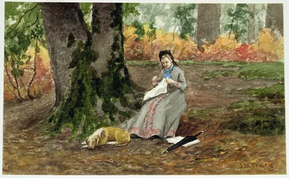 Woman Embroidering Under a Tree