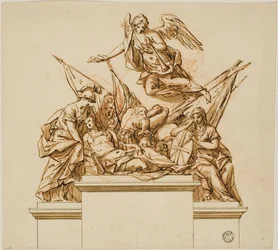 Warrior Accompanied by Britannia, Minerva, and Fame; Design for the Monument to Nicholas Rowe