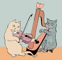 Caricature of two cats playing the harp and viola