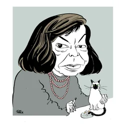 Patricia Highsmith - caricature with her cat, smoking