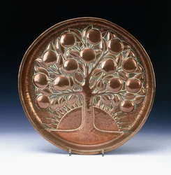 A Copper Charger Hammered in Relief with a Fruiting Tree, Before a Setting Sun