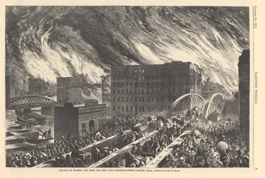 Chicago in flames - the rush for life over the Randolph Street Bridge, illustration from Harper