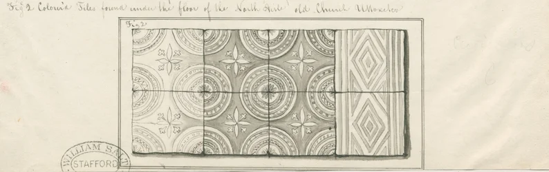 Uttoxeter Church - Colored tiles found under floor of North Aisle: pen and wash drawing, nd [mid 19th century]