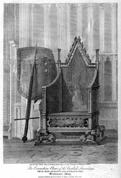 The coronation chair of the English sovereigns, Westminster Abbey, London, 1810.