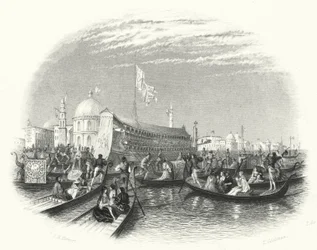 The marriage of the sea. The barge of the Doge and gondolas on the water in Venice