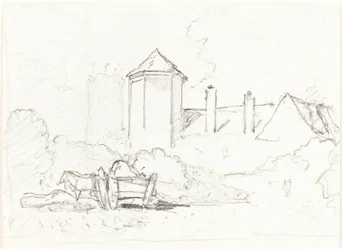 Sketch of Buildings with Cart and Horses in Foreground