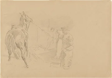 Man Pulling a Horse into a Stall, 1918