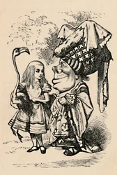 Alice carrying the stork, and talking to the Duchess
