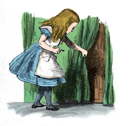 Alice looking at a small door behind a curtain, 1889