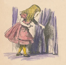 Alice Looking at a Small Door Behind a Curtain