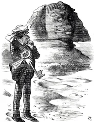 Cartoon depicting Prime Minister Benjamin Disraeli holding the Suez Canal as the key to the British possession and influence in India