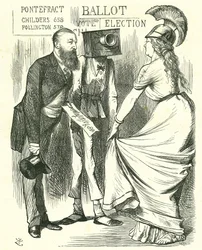 Hugh Childers (1827-1896) British parliamentarian, telling Britannia of the success of the new Ballot Box. John Tenniel cartoon from Punch, London, 24 August 1872.