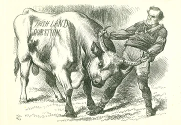 Taking the (Irish) Bull by the Horns: Bill passed by Parliament on 15 February 1870 and received royal assent on 8 July. William Gladstone, Prime Minister, dealing with the issue. John Tenniel cartoon from Punch, London, 26 February 1870.