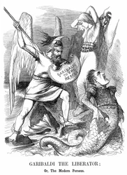 Unification of Italy: Giuseppe Garibaldi Conquering Sicily and Naples on Behalf of the New Kingdom of Italy. John Tenniel Cartoon from Punch