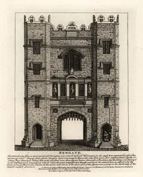 Newgate, rebuilt in 1672 after the Fire of London, with three figures Justice, Fortitude and Prudence from the former gate built by Mayor of London Richard Whittington