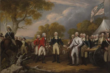 Battle of Saratoga, the British General John Burgoyne surrendering to the American General, Horatio Gates, October 17, 1777