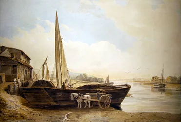 A Thames Barge Beached for Unloading