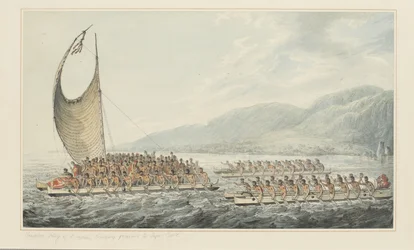 Tereoboo, King of Owyhee, bringing presents to Captain Cook, from a series of watercolours illustrating Captain Cook