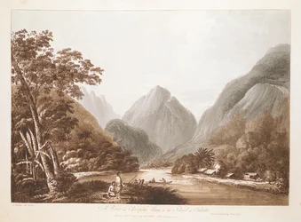 A View in Oheitepeha Bay, in the Island of Otaheite. Landscape with two figures in a canoe on a stretch of water surrounded by tall mountains, with thick trees on the lower slopes to either side, thatched buildings on the shore to right and two figures on