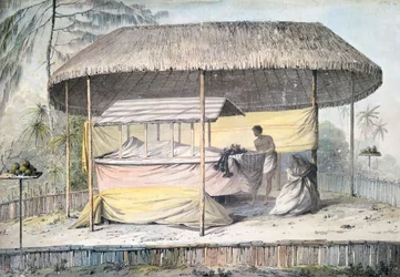 Funeral with deceased under canopy, Tahiti, Society Islands, watercolor by John Webber from description of Captain James Cook