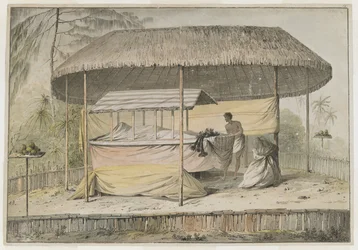 Waheiadooa, Chief of Oheitepeha, lying in state, recorded by Captain Cook during his visit to Tahiti on 19th August 1777. A funerary stage supports the shrouded corpse and an attendant. They are sheltered by a grass-roofed awning, and surrounded by a low p