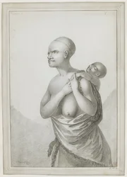 A Tasmanian woman carrying a child on her back, with a skin slung from her left shoulder about her waist. January 1777