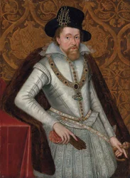 Portrait of King James I of England and VI of Scotland (1566-1625), three-quarter-length, in a white doublet with a lace collar, jewelled hose and a fur cloak, wearing the Greater George, a black hat with a jewel, holding a pair of gloves in his right hand