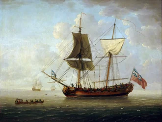 A British Brigantine, Carrying the Red Flag and the Union Jack, Offshore in a Calm Sea