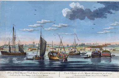 View of the royal docks at Woolwich, on the left bank of the Thames, in County Kent. Etching in colors by John Clevely the Younger