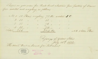 Note of Johnson Gardner, Crossings of Yellow Stone, July 18, 1832