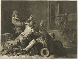 Three Men Struggling in an Interior